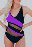 Purple Colorblock Mesh Backless One Piece Bathing Suit LC442720-8