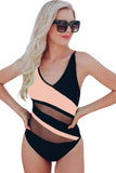 Pink Colorblock Mesh Backless One Piece Bathing Suit LC442720-10