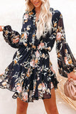 LC6111317-2-S, LC6111317-2-M, LC6111317-2-L, LC6111317-2-XL, Black Vintage Floral Print Drawstring Flowy Dress