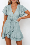 Green White Mini Dress Wrap V Neck Floral Lace Short Dress LC224799-109