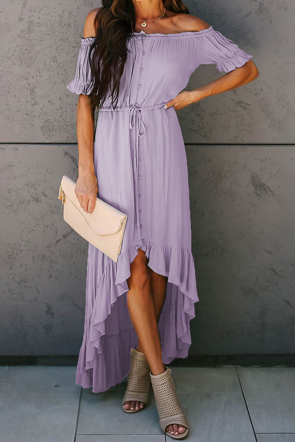 Purple White Off the Shoulder Dress High Low Maxi Dress  LC611566-8