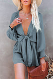 LC643624-11-S, LC643624-11-M, LC643624-11-L, LC643624-11-XL, LC643624-11-2XL, Gray Women's Sexy V Neck Jumpsuits Chiffon Tie Knot Front Puff Long Sleeve Romper