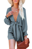 LC643624-11-S, LC643624-11-M, LC643624-11-L, LC643624-11-XL, LC643624-11-2XL, Gray Women's Sexy V Neck Jumpsuits Chiffon Tie Knot Front Puff Long Sleeve Romper