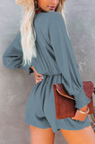 LC643624-11-S, LC643624-11-M, LC643624-11-L, LC643624-11-XL, LC643624-11-2XL, Gray Women's Sexy V Neck Jumpsuits Chiffon Tie Knot Front Puff Long Sleeve Romper