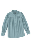 LC2552187-4-S, LC2552187-4-M, LC2552187-4-L, LC2552187-4-XL, LC2552187-4-2XL, Sky Blue Solid Color Button Up Puff Sleeve Blouse