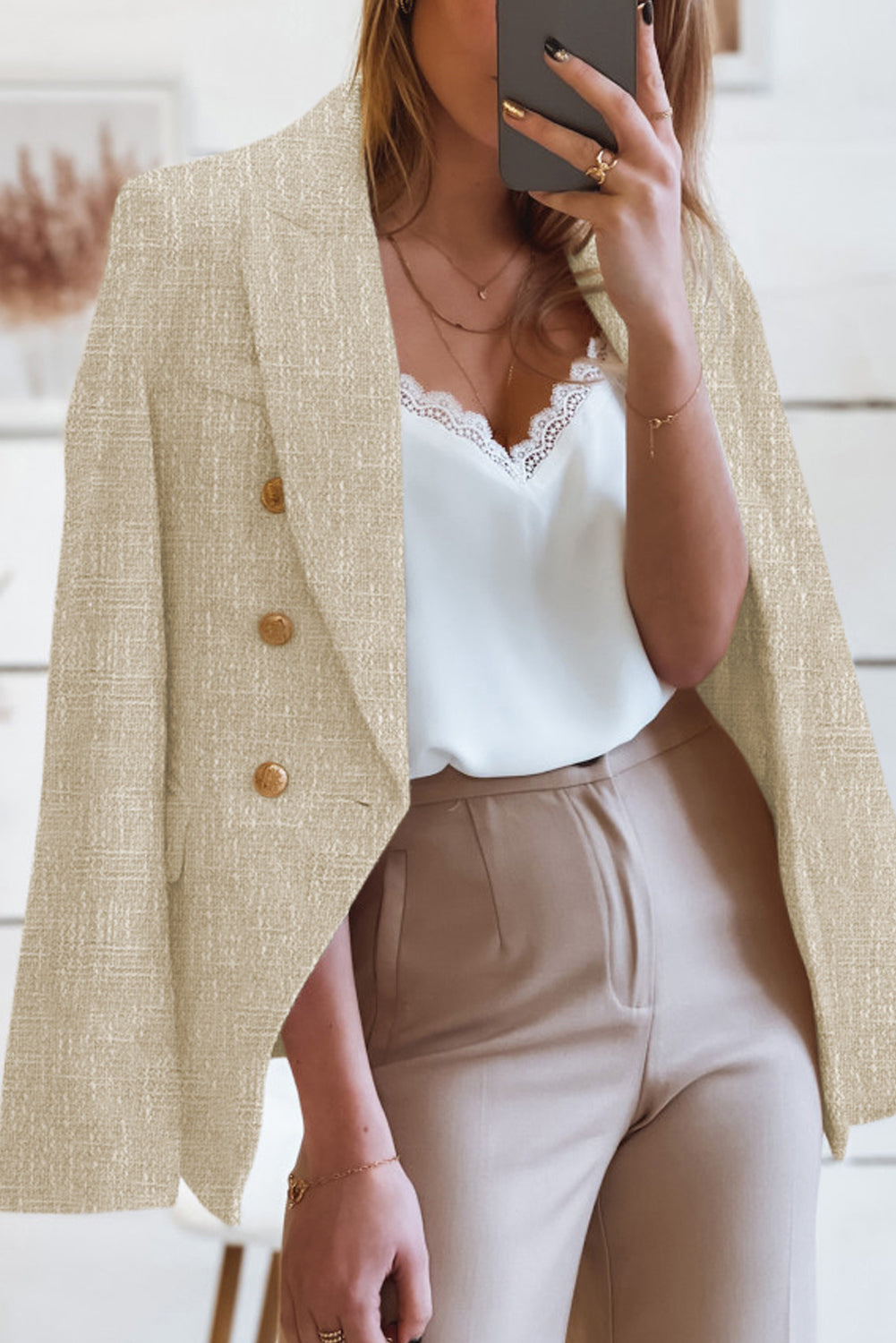 LC852370-16-S, LC852370-16-M, LC852370-16-L, LC852370-16-XL, LC852370-16-2XL, Khaki Double Breasted Lapel Blazers Women's Casual Office Long Sleeve Jacket