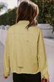 LC8511504-7-S, LC8511504-7-M, LC8511504-7-L, LC8511504-7-XL, LC8511504-7-2XL, Yellow Women's Jean Jacket Long Sleeve Lapel Distressed Raw Hem Buttons Denim Coat