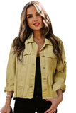 LC8511504-7-S, LC8511504-7-M, LC8511504-7-L, LC8511504-7-XL, LC8511504-7-2XL, Yellow Women's Jean Jacket Long Sleeve Lapel Distressed Raw Hem Buttons Denim Coat