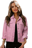 LC8511504-10-S, LC8511504-10-M, LC8511504-10-L, LC8511504-10-XL, LC8511504-10-2XL, Pink Women's Jean Jacket Long Sleeve Lapel Distressed Raw Hem Buttons Denim Coat