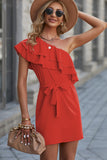 Red Womens One Shoulder Ruffles Summer Mini Dress LC2211338-3