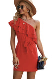 Red Womens One Shoulder Ruffles Summer Mini Dress LC2211338-3