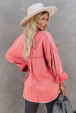 Red Womens Overdsizd Distressed Fringe Trim Denim Jacket LC854103-3