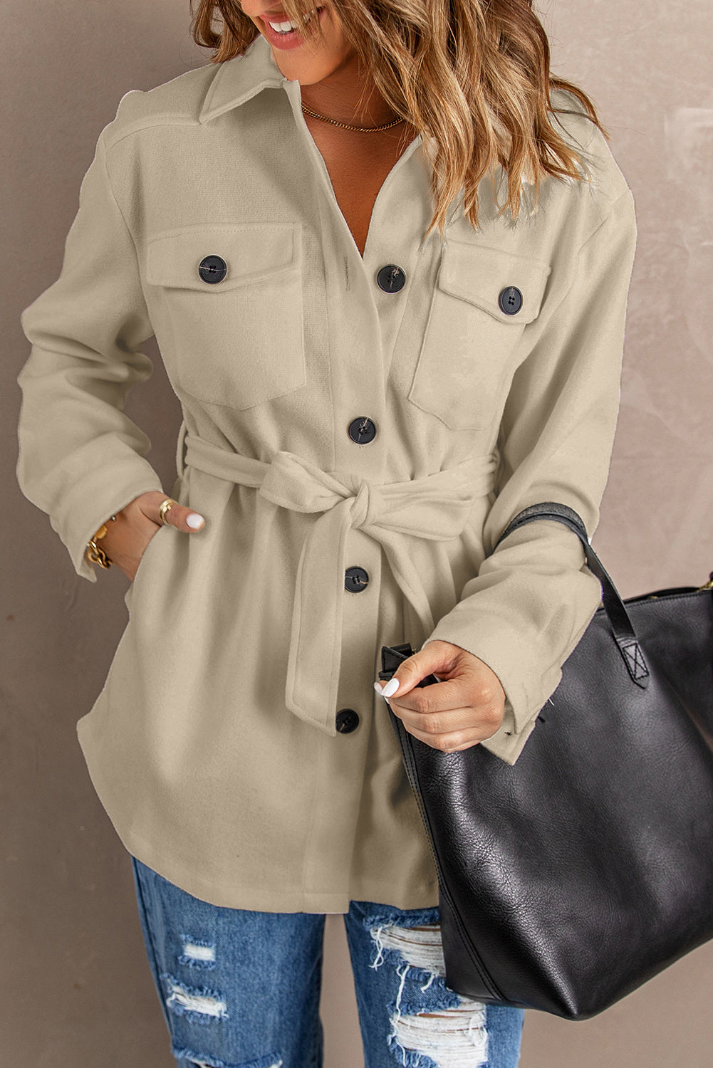 Khaki Women's Lapel Button Down Coat Winter Belted Coat with Pockets LC8511359-16