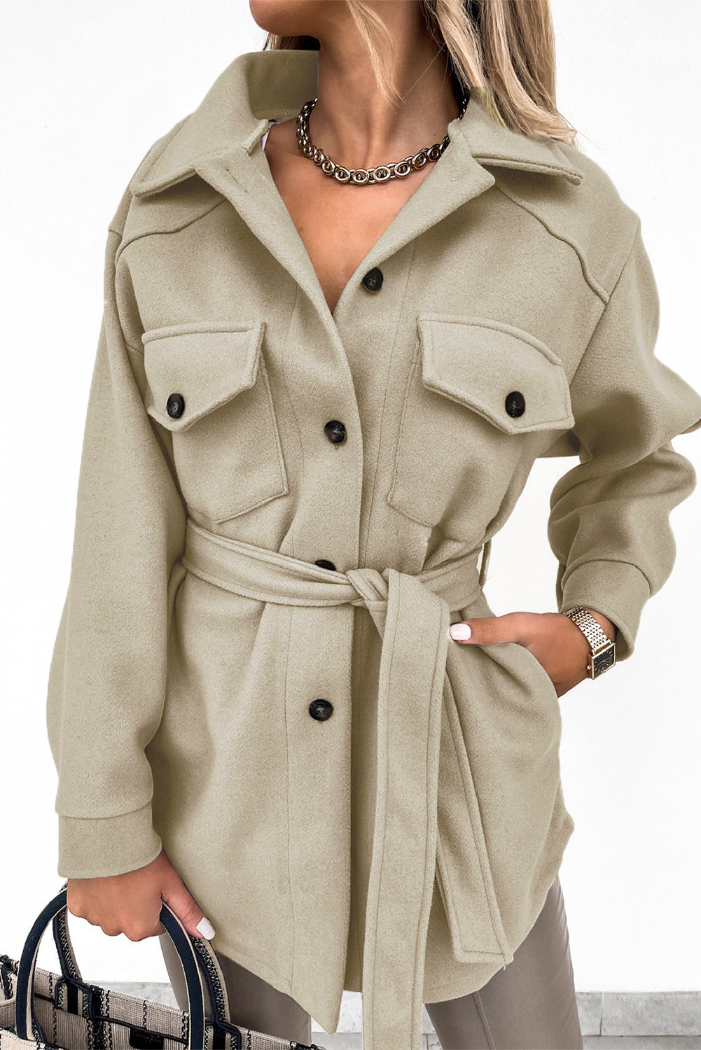Khaki Women's Lapel Button Down Coat Winter Belted Coat with Pockets LC8511359-16