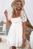 White White Puff Sleeve Dress Square Neck Lace Ruffle A Line Mini Dress  LC2211141-1