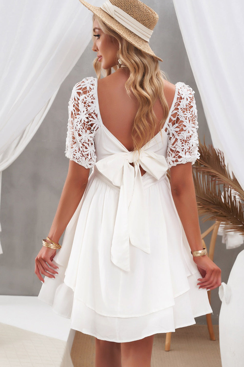 White White Puff Sleeve Dress Square Neck Lace Ruffle A Line Mini Dress  LC2211141-1
