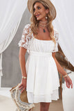 White White Puff Sleeve Dress Square Neck Lace Ruffle A Line Mini Dress  LC2211141-1