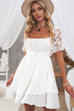 White White Puff Sleeve Dress Square Neck Lace Ruffle A Line Mini Dress  LC2211141-1