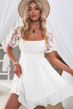 White White Puff Sleeve Dress Square Neck Lace Ruffle A Line Mini Dress  LC2211141-1