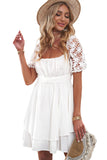 White White Puff Sleeve Dress Square Neck Lace Ruffle A Line Mini Dress  LC2211141-1