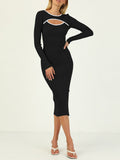 LC273313-2-S, LC273313-2-M, LC273313-2-L, LC273313-2-XL, Black Women's Bodycon Midi Dress Long Sleeve Cut Out Ribbed Knit Party Club Dress