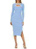 LC273313-4-S, LC273313-4-M, LC273313-4-L, LC273313-4-XL, Sky Blue Women's Bodycon Midi Dress Long Sleeve Cut Out Ribbed Knit Party Club Dress