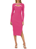 LC273313-6-S, LC273313-6-M, LC273313-6-L, LC273313-6-XL, Rose Red Women's Bodycon Midi Dress Long Sleeve Cut Out Ribbed Knit Party Club Dress
