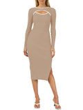 LC273313-16-S, LC273313-16-M, LC273313-16-L, LC273313-16-XL, Khaki Women's Bodycon Midi Dress Long Sleeve Cut Out Ribbed Knit Party Club Dress