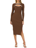 LC273313-17-S, LC273313-17-M, LC273313-17-L, LC273313-17-XL, Brown Women's Bodycon Midi Dress Long Sleeve Cut Out Ribbed Knit Party Club Dress