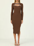 LC273313-17-S, LC273313-17-M, LC273313-17-L, LC273313-17-XL, Brown Women's Bodycon Midi Dress Long Sleeve Cut Out Ribbed Knit Party Club Dress