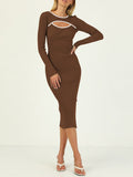 LC273313-17-S, LC273313-17-M, LC273313-17-L, LC273313-17-XL, Brown Women's Bodycon Midi Dress Long Sleeve Cut Out Ribbed Knit Party Club Dress