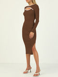 LC273313-17-S, LC273313-17-M, LC273313-17-L, LC273313-17-XL, Brown Women's Bodycon Midi Dress Long Sleeve Cut Out Ribbed Knit Party Club Dress