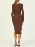 LC273313-17-S, LC273313-17-M, LC273313-17-L, LC273313-17-XL, Brown Women's Bodycon Midi Dress Long Sleeve Cut Out Ribbed Knit Party Club Dress