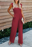 Red Ruffle Sleeve Smocked Bodice Wide Leg Jumpsuit for Women LC643773-103