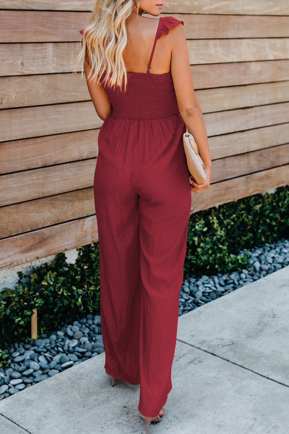 Red Ruffle Sleeve Smocked Bodice Wide Leg Jumpsuit for Women LC643773-103