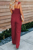 Red Ruffle Sleeve Smocked Bodice Wide Leg Jumpsuit for Women LC643773-103