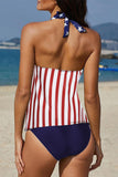 LC413090-3-S, LC413090-3-M, LC413090-3-L, LC413090-3-XL, LC413090-3-2XL, Red Floral Leopard Halter Tankini Set Bathing Suit Swimwear