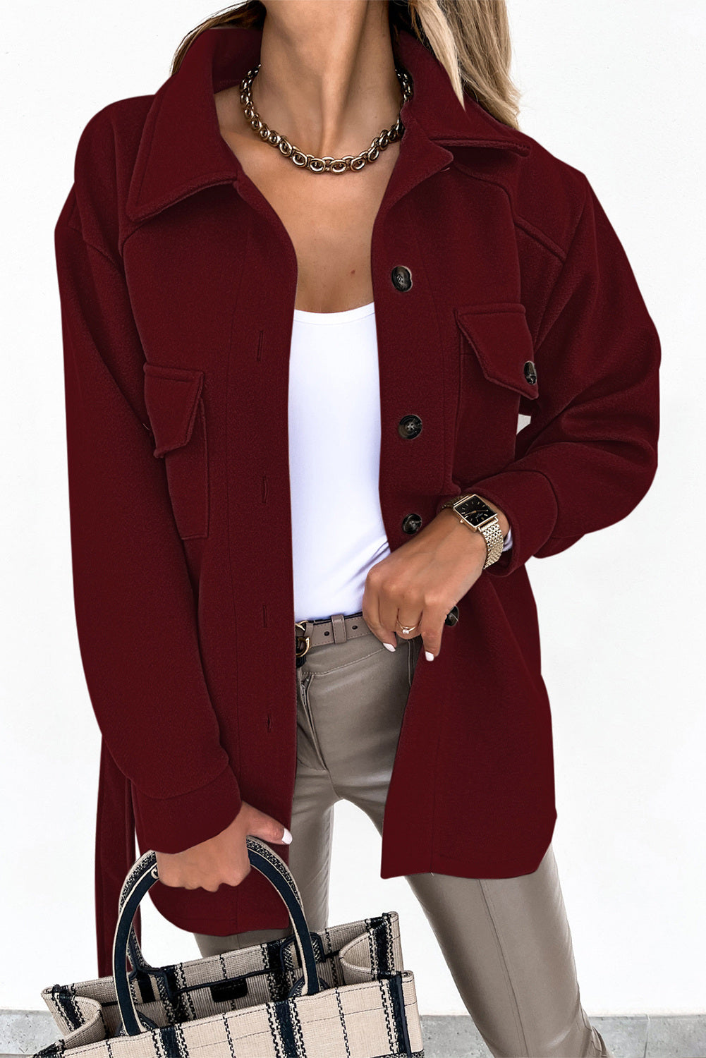Red Women's Lapel Button Down Coat Winter Belted Coat with Pockets LC8511359-3