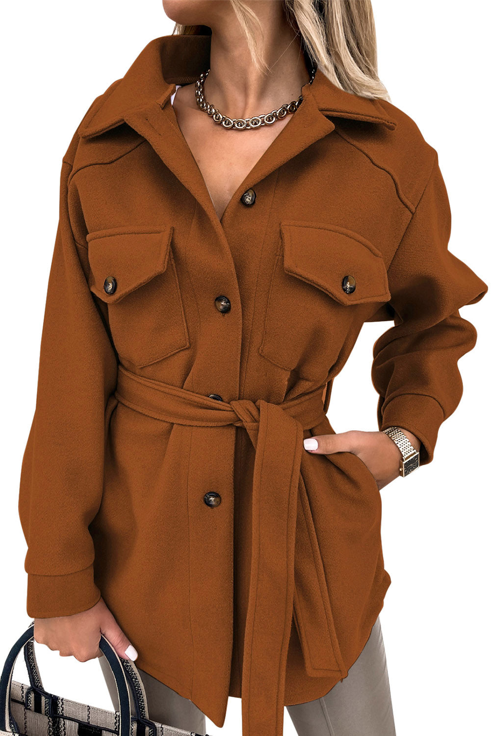Brown Women's Lapel Button Down Coat Winter Belted Coat with Pockets LC8511359-17