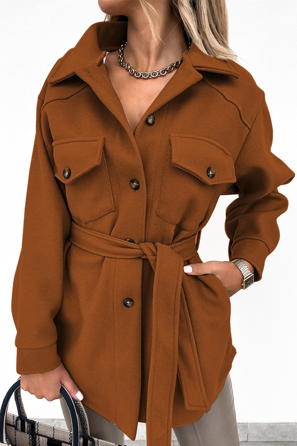 Brown Women's Lapel Button Down Coat Winter Belted Coat with Pockets LC8511359-17