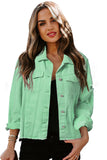 LC8511504-9-S, LC8511504-9-M, LC8511504-9-L, LC8511504-9-XL, LC8511504-9-2XL, Green Women's Jean Jacket Long Sleeve Lapel Distressed Raw Hem Buttons Denim Coat