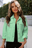 LC8511504-9-S, LC8511504-9-M, LC8511504-9-L, LC8511504-9-XL, LC8511504-9-2XL, Green Women's Jean Jacket Long Sleeve Lapel Distressed Raw Hem Buttons Denim Coat