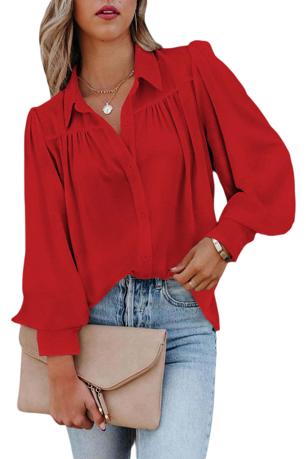 LC2552187-3-S, LC2552187-3-M, LC2552187-3-L, LC2552187-3-XL, LC2552187-3-2XL, Red Solid Color Button Up Puff Sleeve Blouse