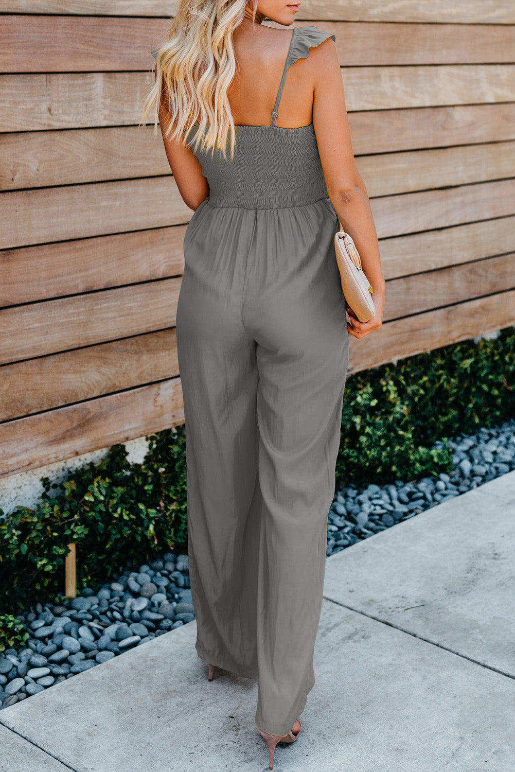 Gray Ruffle Sleeve Smocked Bodice Wide Leg Jumpsuit for Women LC643773-11