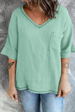 LC25112185-109-S, LC25112185-109-M, LC25112185-109-L, LC25112185-109-XL, LC25112185-109-2XL, Green Women's Casual Short Sleeve T Shirts V Neck Chest Pocket Knit Blouse Top