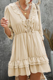 Beige White Long Sleeve Dress Lacy V Neck Ruffled Mini Dress LC222686-15