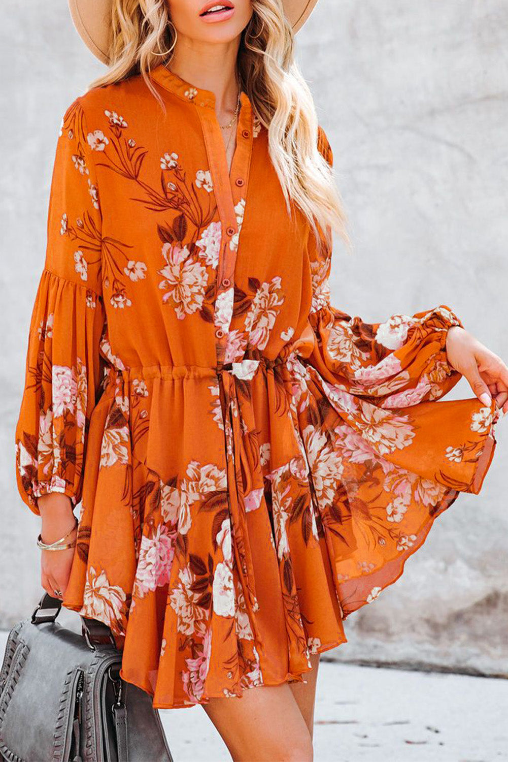 LC6111317-14-S, LC6111317-14-M, LC6111317-14-L, LC6111317-14-XL, Orange Vintage Floral Print Drawstring Flowy Dress