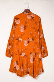 LC6111317-14-S, LC6111317-14-M, LC6111317-14-L, LC6111317-14-XL, Orange Vintage Floral Print Drawstring Flowy Dress