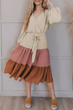 Pink Women's Casual Surplice V Neck Tiered Colorblock Midi Dress LC6110856-10