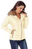LC85117-15-XXL, LC85117-15-XL, LC85117-15-L, LC85117-15-M, LC85117-15-S, LC85117-15-2XL, Beige Winter Coats for Women Camel Faux Fur Collar Trim Black Quilted Jacket Outerwear
